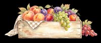 Wooden crate overflowing with fresh peaches, grapes, and apples isolated on transparent background. Ready for t-shirt designs, clipart, stickers, print-on-demand products, and sublimation projects.