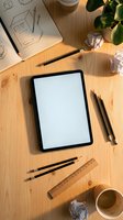 Digital tablet with blank screen surrounded by design tools, sketches, coffee and plants on wooden desk for creative workspace mockup.
