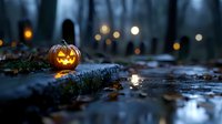 Glowing carved pumpkin on stone steps with autumn leaves and bokeh lights in misty dark forest creates spooky Halloween atmosphere at dusk.