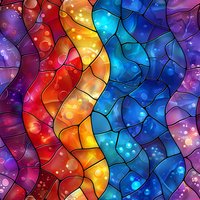Vibrant stained glass pattern with wavy lines in rainbow colors from red to purple, featuring glowing bokeh effects and black outlines creates magical mosaic effect.
