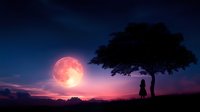 Young woman silhouette standing under tree at night, full pink moon rising over mountain landscape with dramatic purple and blue twilight sky.