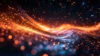 Magical glowing wave of orange and blue particles with bokeh effect against dark background creates ethereal cosmic atmosphere. Suitable for tech designs.