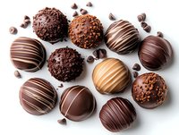 Assorted chocolate truffles with dark, milk and white chocolate drizzle, sprinkled with cocoa powder and chocolate chips on white background, isolated.