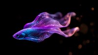 Luminescent betta fish in vibrant purple and blue colors swimming gracefully against dark background with glowing particles and flowing fins creating ethereal effect.