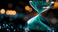 Digital hourglass with glowing turquoise particles flowing through glass on dark background with bokeh lights, representing time and technology concept.