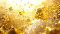 Luxurious golden cubes and particles floating in bright sunlight with sparkling bokeh effect create magical atmosphere for luxury and celebration backgrounds.