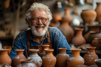 Cheerful senior craftsman with white curly hair and beard wearing glasses and apron smiles authentically in his pottery workshop surrounded by handmade clay vases and ceramic works.