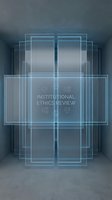 Institutional ethics review neon sign with scale symbols glowing in modern concrete room, representing legal compliance and regulatory approval for research and medical studies.
