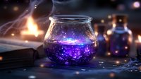 Magical glowing jar with purple and blue cosmic liquid against dark background with old book and mystical lights, fantasy concept for spiritual designs.