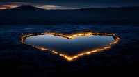 Heart shape made with glowing string lights on dark beach at twilight, reflecting in water pool with mountains silhouette and dramatic sky in background.