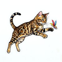 Playful Bengal cat with spotted coat jumping and pouncing on colorful feather toy, isolated on white background for design projects.