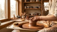 Potter shaping clay on spinning wheel in sunlit ceramic studio workshop with wooden shelves displaying handmade pottery and artisan tools.