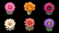 Blooming cacti with vibrant flowers in pink, orange, magenta, cream, coral, and purple. Isolated on transparent background, ready for t-shirts, clipart, stickers, and print-on-demand designs.