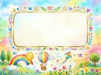 Colorful watercolor kids frame with rainbow, hot air balloon, kite, sun, flowers, and stars, isolated on white background, ready for design use.