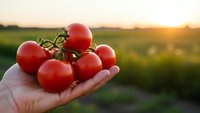 Fresh ripe red tomatoes on vine held in farmer hand at sunset in agricultural field. Organic vegetable harvest concept for healthy eating and farming.
