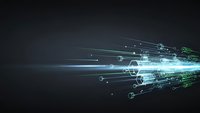 Digital technology background with glowing light streaks, hexagonal patterns and data flow elements for futuristic business presentations.