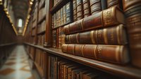 Vintage leather-bound books lined on wooden shelves in historic library, with gold embossed spines creating dramatic perspective down long corridor with bokeh lighting.