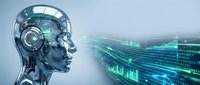Futuristic robot head with transparent skull revealing circuit brain connected to flowing digital data streams and binary code for AI technology concepts.