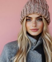 Young blonde woman wearing beige knitted winter hat and gray turtleneck sweater against pink background, close up portrait showing natural makeup and blue eyes.
