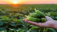 Fresh organic cucumbers in farmer hand at sunset over green agricultural field. Harvest season concept for healthy eating and sustainable farming.