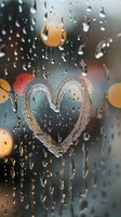 Heart drawn on rainy window glass with blurred city lights bokeh in background, water drops creating romantic melancholic atmosphere on autumn evening.