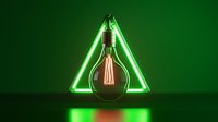 Glowing vintage light bulb with filament suspended in front of neon green triangle shape against dark background, creating modern minimalist composition.