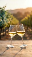 Two glasses of white wine on wooden table with vineyard landscape at sunset for romantic dining and wine tasting experiences.