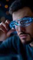 Young Asian man wearing futuristic smart glasses with glowing blue digital display showing data visualization and technology interface against dark background.