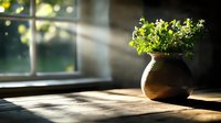 Green plant in rustic clay pot on wooden windowsill with dramatic sunbeams streaming through window creating atmospheric morning light and shadows.