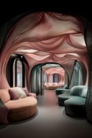 Luxurious curved hallway with pink textured walls and arched doorways featuring modern round velvet sofas in pink and teal creating elegant lounge atmosphere.