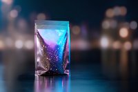 Shimmering holographic zip lock bag with cosmic galaxy pattern reflecting neon blue and purple lights against dark background with bokeh effect.