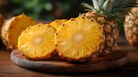 Fresh cut pineapple rings showing juicy yellow flesh on wooden serving board, natural lighting creates appetizing glow on tropical fruit slices.