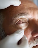 Professional dermatologist examining mature man's facial skin with gloved hands during cosmetic consultation for anti-aging treatment and skincare assessment.