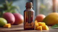Amber glass essential oil bottle with fresh tropical fruits and mango cubes on wooden surface, natural aromatherapy concept.