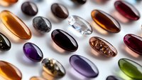 Colorful pharmaceutical capsules and pills arranged on white background, macro shot showing transparent gel capsules in purple, amber, green and red colors.