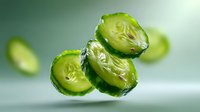 Fresh sliced cucumber floating in air against blurred green background, showing juicy inner texture and seeds. Clean eating and healthy food concept.