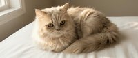 Fluffy Persian kitten with golden fur resting on white bedding in sunlit room. Adorable long-haired cat with bright eyes perfect for pet care and home decor projects.