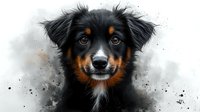 Artistic portrait of Australian Shepherd mix dog with black and tan fur against abstract dark background with watercolor splash effect and intense amber eyes looking at camera.