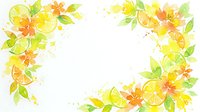Watercolor citrus fruits and flowers frame with yellow lemons, oranges, and green leaves creating a bright border on white background for summer designs.