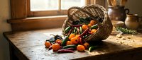 Wicker basket filled with fresh organic vegetables spilling onto rustic wooden table in warm sunlit kitchen. Harvest abundance for healthy cooking and farm-to-table dining.