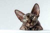 Adorable hairless sphynx cat with large ears and green eyes lying down on white background, perfect for pet care and feline lover designs.
