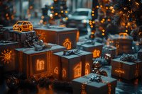 Glowing gift boxes with illuminated house designs and festive decorations create magical holiday atmosphere against blurred bokeh lights and pine branches.