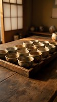 Handmade ceramic tea bowls arranged on wooden tray in traditional Japanese pottery workshop with warm natural lighting and authentic atmosphere.