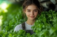 Young woman with long brown hair and fair complexion, wearing gray shirt and denim overalls, harvesting fresh parsley in lush garden. Suitable for organic farming, gardening, agriculture, and healthy lifestyle content.
