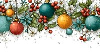Festive Christmas border with colorful ornaments, pine branches, berries, and white flowers on a white background for holiday designs.