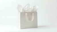 White paper shopping bag with tissue paper on clean background for retail packaging and gift presentation mockup.