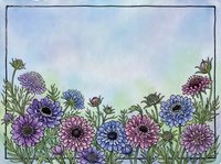 Watercolor wildflower border with purple, pink and blue blooms on soft pastel background, framed botanical art for cards and prints.