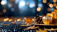 Golden decorative pumpkin with pine cone and autumn leaves on dark glittery surface against blurred bokeh lights background creates festive mood.
