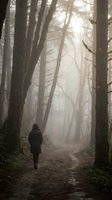 Solitary figure walking through misty forest path surrounded by tall trees creating atmospheric mood for meditation and mindfulness concepts.