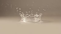 Water droplet creating crown splash with ripples on calm surface against neutral beige background capturing moment of impact in slow motion photography.